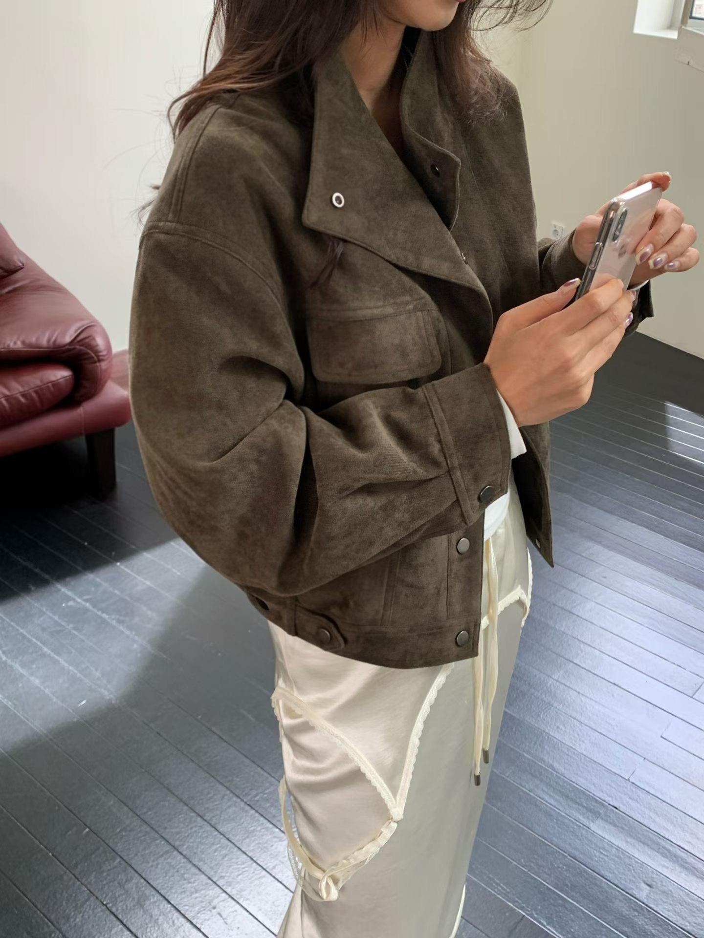薄款壓扣翻領麂皮外套